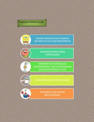 KAEDAH MENYATUKAN PELBAGAI
WILAYAH YG DULUNYA BERASINGAN
HUBUNGAN BAIK AKAN
TERPELIHARA
MEMBENTUK KESTABILAN,
KEHARMONIAN DAN KEWIBAWAAN
KERAJAAN PERSEKUTUAN
MENGURANGKAN PERBALAHAN
PEMIMPIN DAN RAKYAT
BERTOLERANSI
Faedah persekutuan
 