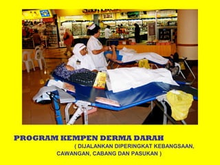 PROGRAM KEMPEN DERMA DARAH
( DIJALANKAN DIPERINGKAT KEBANGSAAN,
CAWANGAN, CABANG DAN PASUKAN )

 