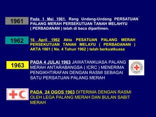 1961

Pada 1 Mei 1961, Rang Undang-Undang PERSATUAN
PALANG MERAH PERSEKUTUAN TANAH MELAHYU
( PERBADANAN ) telah di baca diparlimen.

1962

16 April 1962 Akta PESATUAN PALANG MERAH
PERSEKUTUAN TANAH MELAYU ( PERBADANAN )
AKTA 1961 ( No. 4 Tahun 1962 ) telah berkuatkuasa

1963

PADA 4 JULAI 1963 JAWATANKUASA PALANG
MERAH ANTARABANGSA ( ICRC ) MENERIMA
PENGIKHTIRAFAN DENGAN RASMI SEBAGAI
SATU PERSATUAN PALANG MERAH
PADA 24 OGOS 1963 DITERIMA DENGAN RASMI
OLEH LEGA PALANG MERAH DAN BULAN SABIT
MERAH

 