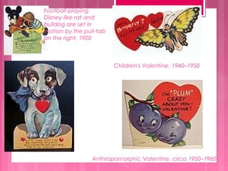 Football-playing
Disney-like rat and
bulldog are set in
motion by the pull-tab
on the right, 1920

Children's Valentine, 1940–1950

Anthropomorphic Valentine, circa 1950–1960

 