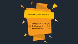 NAMA ANGGOTA KELOMPOK 8
1. Anindya Kirana P.P (02)
2. Dwi Ananda P. (10)
3. Najwatul Hayat (20)
 
