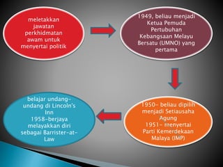 meletakkan
jawatan
perkhidmatan
awam untuk
menyertai politik
1949, beliau menjadi
Ketua Pemuda
Pertubuhan
Kebangsaan Melayu
Bersatu (UMNO) yang
pertama
1950,
beliau
diplih
menjadi
Setiausah
a Agung
1950- beliau dipilih
menjadi Setiausaha
Agung
1951- menyertai
Parti Kemerdekaan
Malaya (IMP)
belajar undang-
undang di Lincoln's
Inn
1958-berjaya
melayakkan diri
sebagai Barrister-at-
Law
 