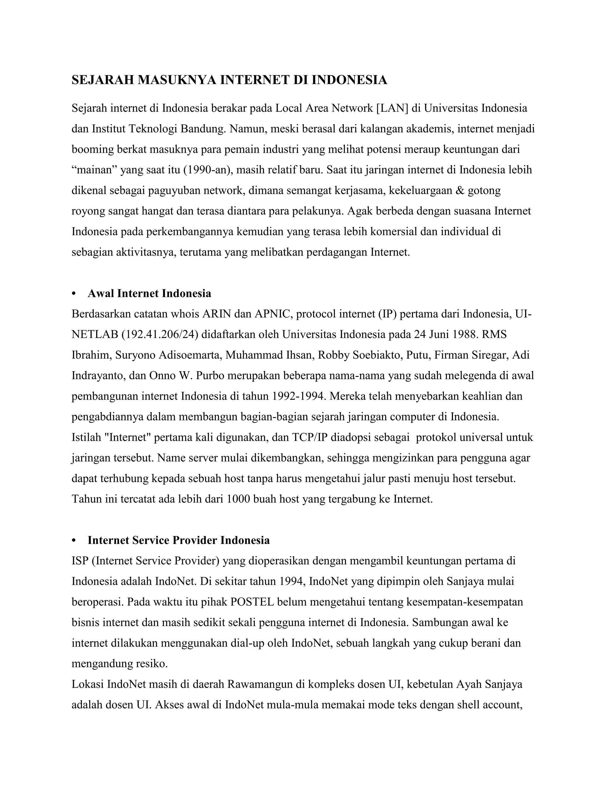Sejarah masuknya internet di indonesia | DOCX