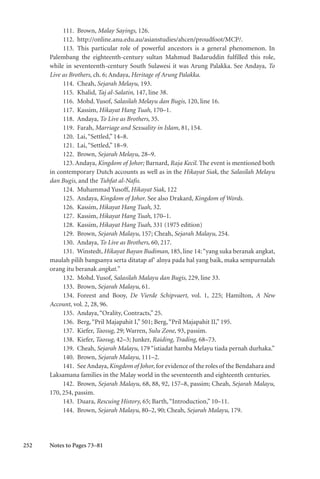 252
111. Brown, Malay Sayings, 126.
112. http://online.anu.edu.au/asianstudies/ahcen/proudfoot/MCP/.
113. This particular role of powerful ancestors is a general phenomenon. In
Palembang the eighteenth-century sultan Mahmud Badaruddin fulfilled this role,
while in seventeenth-century South Sulawesi it was Arung Palakka. See Andaya, To
Live as Brothers, ch. 6; Andaya, Heritage of Arung Palakka.
114. Cheah, Sejarah Melayu, 193.
115. Khalid, Taj al-Salatin, 147, line 38.
116. Mohd. Yusof, Salasilah Melayu dan Bugis, 120, line 16.
117. Kassim, Hikayat Hang Tuah, 170–1.
118. Andaya, To Live as Brothers, 35.
119. Farah, Marriage and Sexuality in Islam, 81, 154.
120. Lai,“Settled,” 14–8.
121. Lai,“Settled,” 18–9.
122. Brown, Sejarah Melayu, 28–9.
123. Andaya, Kingdom of Johor; Barnard, Raja Kecil. The event is mentioned both
in contemporary Dutch accounts as well as in the Hikayat Siak, the Salasilah Melayu
dan Bugis, and the Tuhfat al-Nafis.
124. Muhammad Yusoff, Hikayat Siak, 122
125. Andaya, Kingdom of Johor. See also Drakard, Kingdom of Words.
126. Kassim, Hikayat Hang Tuah, 32.
127. Kassim, Hikayat Hang Tuah, 170–1.
128. Kassim, Hikayat Hang Tuah, 331 (1975 edition)
129. Brown, Sejarah Malayu, 157; Cheah, Sejarah Malayu, 254.
130. Andaya, To Live as Brothers, 60, 217.
131. Winstedt, Hikayat Bayan Budiman, 185, line 14:“yang suka beranak angkat,
maulah pilih bangsanya serta ditatap af‘ alnya pada hal yang baik, maka sempurnalah
orang itu beranak angkat.”
132. Mohd. Yusof, Salasilah Malayu dan Bugis, 229, line 33.
133. Brown, Sejarah Malayu, 61.
134. Foreest and Booy, De Vierde Schipvaert, vol. 1, 225; Hamilton, A New
Account, vol. 2, 28, 96.
135. Andaya,“Orality, Contracts,” 25.
136. Berg,“Pril Majapahit I,” 501; Berg,“Pril Majapahit II,” 195.
137. Kiefer, Taosug, 29; Warren, Sulu Zone, 93, passim.
138. Kiefer, Taosug, 42–3; Junker, Raiding, Trading, 68–73.
139. Cheah, Sejarah Malayu, 179 “istiadat hamba Melayu tiada pernah durhaka.”
140. Brown, Sejarah Malayu, 111–2.
141. See Andaya,Kingdom of Johor, for evidence of the roles of the Bendahara and
Laksamana families in the Malay world in the seventeenth and eighteenth centuries.
142. Brown, Sejarah Malayu, 68, 88, 92, 157–8, passim; Cheah, Sejarah Malayu,
170, 254, passim.
143. Duara, Rescuing History, 65; Barth,“Introduction,” 10–11.
144. Brown, Sejarah Malayu, 80–2, 90; Cheah, Sejarah Malayu, 179.
Notes to Pages 73–81
 