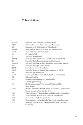 285
Abbreviations
BEFEO Bulletin d’École Française d’Extrême Orient
BIPPA Bulletin of the Indo-Pacific Prehistory Association
BKI Bijdragen tot de Taal-, Land- en Volkenkunde
BSOAS Bulletin of the School of Oriental and African Studies
EFEO École Française d’Extrême Orient
IG De Indische Gids
JAS Journal of Asian Studies
JESHO Journal of the Economic and Social History of the Orient
JIA Journal of the Indian Archipelago and Eastern Asia
JMBRAS Journal of the Malay(si)an Branch of the Royal Asiatic Society
JRAS Journal of the Royal Asiatic Society
JSEAH Journal of Southeast Asian History
JSEAS Journal of Southeast Asian Studies (successor to JSEAH)
JSS Journal of the Siam Society
KITLV Koninklijk Instituut van het Taal-, Land- en Volkenkunde
KT Koloniale Studiën
MNZ Mededeelingen van wege het Nederlandsch
Zendelinggenootschap
NA Het Nationale Archief (The National Archives of The
Netherlands)
SPAFA SEAMEO (Southeast Asian Ministers of Education Organizations)
Project in Archaeology and Fine Arts
TAG Tijdschrift van het Nederlandsch Aardrijkskundig Genootschap
TBG Tijdschrift voor Indische Taal-, Land- en Volkenkunde
TNI Tijdschrift van Nederlandsch-Indië
VBG Verhandelingen van het Indische Taal-, Land- en Volkenkunde
VOC Verenigde Oost-Indische Compagnie (The Dutch East India
Company)
 