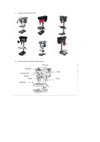 3. Mesin gerudi meja (bench drill)
4. Mesin gerudi jenis tiang (biliar drilling machine)
 