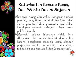 Konsep ruang dan waktu merupakan unsur
penting yang tidak dapat dipisahkan dalam
suatu peristiwa dan perubahannya dalam
kehidupan manusia sebagai subyek atau
pelaku sejarah.
Manusia selama hidupnya tidak bisa
dilepaskan dari unsur tempat dan waktu
karena perjalanan manusia sama dengan
perjalanan waktu itu sendiri pada suatu
tempat dimana manusia hidup (beraktivitas).
Keterkaitan Konsep Ruang
Dan Waktu Dalam Sejarah
 