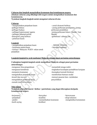 Cabaran dan langkah mengekalkan keamanan dan kemakmuran negara.
Jelaskan cabaran yang dihadapi oleh negara untuk mengekalkan keamanan dan
kemakmuran.
Nyatakan langkah-langkah untuk mengatasi cabaran di atas
Cabaran
- mengukuhakan perpaduan kaum
-pelbagai bahasa
-pelbagai budaya
- pelbagai kepercayaan/ agama
- pelbagai fahaman politik
-demografi yang berbeza
- polalisasi kaum
- sosial ekonomi berbeza
- jurang perbezaan pendapatan -jurang
perbezaan pendidikan
-jurang perbezaan lokasi / bandar / luar
Bandar
-globalisasi/ cabaran luar
Langkah
- mengukuhkan perpaduan kaum
- kerjasama antara kaum
- konsep 1 Malaysia- PLKN -sukan untuk
perpaduan
– MSSM –SUKMA
- Intergrasi nasional
Langkah-langkah ke arah matlamat Malaysia sebagai pusat pertanian antarabangsa
Cadangkan langkah-langkah untuk menjadikan Malaysia sebagai pusat pertanian
antarabangsa
-menguasai ilmu pengetahuan
-menguasai kemahiran
-menjamin keamanan
-mengekalkan perpaduan kaum
-kreatif dan inovatif
-mengalakkan pelaburan asing
-menaik taraf infranstrutur
-menambah tenaga mahir
-tingkatkan kecekapan pentadbiran kerajaan
-kurangkan karenah birokrasi
-memberikan bantuan modal
-mencari pasaran baru -melakukan
penyelidikan
Nilai murni
Nyatakan nilai-nilai murni / iktibar / patriotisme yang dapat diterapkan daripada
kemakmuran negara
-kerjasama
–perpaduan
–jatidiri
-kasih saying
–bersyukur
–keadilan
-memanfaatkan keamanan
-berdikari
–berwawasan
-sikap tolenrasi
-mengekalkan kemananan
 