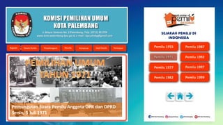 KOMISI PEMILIHAN UMUM
KOTA PALEMBANG
Pemungutan Suara Pemilu Anggota DPR dan DPRD
Senin, 5 Juli 1971
Jl. Mayor Santoso No. 2 Palembang, Telp. (0711) 351709
www.kota-palembang.kpu.go.id, e-mail : kpu.plmbg@gmail.com
SEJARAH PEMILU DI
INDONESIA
 