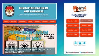 KOMISI PEMILIHAN UMUM
KOTA PALEMBANG
Pemungutan Suara Pemilu Anggota DPR dan DPRD
Kamis, 23 April 1987
Jl. Mayor Santoso No. 2 Palembang, Telp. (0711) 351709
www.kota-palembang.kpu.go.id, e-mail : kpu.plmbg@gmail.com
SEJARAH PEMILU DI
INDONESIA
 