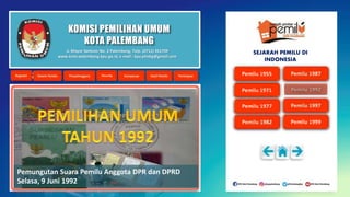 KOMISI PEMILIHAN UMUM
KOTA PALEMBANG
Jl. Mayor Santoso No. 2 Palembang, Telp. (0711) 351709
www.kota-palembang.kpu.go.id, e-mail : kpu.plmbg@gmail.com
Pemungutan Suara Pemilu Anggota DPR dan DPRD
Selasa, 9 Juni 1992
SEJARAH PEMILU DI
INDONESIA
 