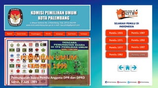 KOMISI PEMILIHAN UMUM
KOTA PALEMBANG
Pemungutan Suara Pemilu Anggota DPR dan DPRD
Senin, 7 Juni 1999
Jl. Mayor Santoso No. 2 Palembang, Telp. (0711) 351709
www.kota-palembang.kpu.go.id, e-mail : kpu.plmbg@gmail.com
SEJARAH PEMILU DI
INDONESIA
 