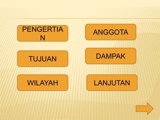 PENGERTIA
N
ANGGOTA
TUJUAN DAMPAK
WILAYAH LANJUTAN
 