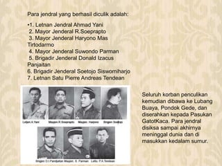 •1. Letnan Jendral Ahmad Yani
2. Mayor Jenderal R.Soeprapto
3. Mayor Jenderal Haryono Mas
Tirtodarmo
4. Mayor Jenderal Suwondo Parman
5. Brigadir Jenderal Donald Izacus
Panjaitan
6. Brigadir Jenderal Soetojo Siswomiharjo
7. Letnan Satu Pierre Andreas Tendean
Para jendral yang berhasil diculik adalah:
Seluruh korban penculikan
kemudian dibawa ke Lubang
Buaya, Pondok Gede, dan
diserahkan kepada Pasukan
GatotKaca. Para jendral
disiksa sampai akhirnya
meninggal dunia dan di
masukkan kedalam sumur.
 