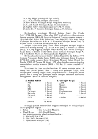 24. P. Dg. Nappu (Golongan Karya Buruh)
   25. G. M. Kasenda (Golongan Karya Tani)
   26. Tawa Sabara (Golongan Karya Pengusaha Nasional)
   27. H. Abd. Razak (Golongan Karya Muhammadiyah)
   28. Kapten Nahwi Rasul (Golongan Karya AL. Ul Islam)
   29. Lettu Ds. P. Rumono (Golongan Karya Al. Ul. Kristen)

      Berdasarkan keputusan Menteri Dalam Negeri No. Penda
5/5/12/34-244 Tanggal 4 Nopember 1967 telah diberhentikan dengan
hormat anggota DPRD-GR Proponsi Sulawesi Tenggara masing-masing :
1) La Ode Abd. Wahid (PNI); 2) Burhan Tawu, BA (IKPI); 3) Ir. Moh. Saleh
(Golongan Karya Buruh); 4) G. M. U. Kasenda (Golongan Karya Tani); 5)
Kapten Udara Zulkarnain (Golongan Karya A. U.)
      Dengan keputusan yang sama telah diangkat sebagai anggota
DPRD-GR masing-masing : 1) La Ode Mbai (PNI); 2) Anwar La Tumbu
(IPKI) ; 3) P. Dg. Nappu (Golongan Karya Buruh); 4) H. Patoro (Golongan
Karya Tani); 5) Letnan Muda Udara Kosasi Sutman (Golongan Karya A.
U.); 6) Rachman Ambo, BA (Golongan Karya Angkatan 66)
      Berdasarkan Keputusan Menteri Dalam Negeri No. 12 Tahun 1970
tentang Pemurnian Partai-Partai Politik dan Golongan Karya di dalam
DPRD-GR, maka dengan Surat Keputusan Menteri Dalam Negeri No.
Pemda 4/4/3-63 Tanggal 12 Maret 1970 telah diadakan pemurnian dan
penambahan jumlah anggota DPRD – GR dari 31 orang menjadi 37
orang.
      Keputusan itu juga memberhentikan 12 orang anggota yaitu 10
orang dari partai politik, dan 2 orang dari golongan karya, dan
mengangkat 18 orang anggota baru yang terdiri dari 12 orang dari partai
politik dan 6 orang dari golongan karya. Dengan demikian komposisi
keanggotaan DPRD-GR berubah menjadi :

     a. Partai Politik                   b. Golongan Karya
        PNI                 3   Kursi       ABRI                   4   Kursi
        NU                  3   Kursi       Gakari                 4   Kursi
        PSII                3   Kursi       Hankam                 3   Kursi
        IPKI                2   Kursi       Soksi                  4   Kursi
        Parkindo            2   Kursi       Pembangunan            2   Kursi
        Katholik            1   Kursi       Profesi                2   Kursi
        Parmusi             3   Kursi
        Perti               1   Kursi       Jumlah               19 Kursi

       Jumlah              18 Kursi

     Sehingga jumlah keseluruhan anggota mencapai 37 orang dengan
unsur pimpinan terpilih :
♦ Ketua            : Drs. H. La Ode Manarfa
♦ Wakil Ketua      : Abd. Hamid Hasan
  dan anggota-anggota adalah sebagai berikut :
   1. Machmid B.Sc (PNI)
   2. Abd. Hafid Saranani (PNI)
   3. Sjamsuddin Mansjah (PNI)

                                 5
 