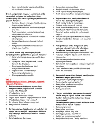 12
 Dapat menjalinkan kerjasama dalam bidang
politik, ekonomi dan sosial.
S: Sebagai pemimpin negara, bagaimanakah anda
menghadapi tentangan daripada pihak-pihak
tertentu yang tidak bersetuju dengan pembentukan
gagasan Malaysia?
 Berunding dengan pihak yang tidak bersetuju
dengan gagasan Malaysia.
 Menyelesaikan masalah melalui orang tengah
iaitu PBB.
 Tidak menunjukkan permusuhan sebaliknya
menunjukkan persahabatan.
 Mengerahkan pasukan keselamatan bersedia
sebilang masa.
 Mengambil pendekatan diplomasi terlebih
dahulu.
 Mengambil tindakan ketenteraan sebagai
langkah yang terakhir.
S: Apakah iktibar yang anda dapat pelajari
daripada peristiwa pembentukan gagasan Malaysia?
 Menerusi diplomasi, sebarang masalah dapat
diatasi.
 Kepimpinan tokoh tempatan PTM, Sabah,
Sarawak dan Singapura.
 Bekerjasama dan tolak ansur demi
kesejahteraan bersama.
 Perpaduan asas kekuatan bangsa.
 Tabah menghadapi cabaran.
 Bijak menyelesaikan masalah.
BAB 7
SISTEM PEMERINTAHAN DAN PENTADBIRAN
NEGARA MALAYSIA
 Bagaimanakah perlembagaan negara dapat
memperkukuhkan perpaduan dan keamanan
negara kita, Malaysia?
 Wujud pakatan murni
 Keharmonian kaum dapat dicapai
 Negara dapat dibentuk tanpa pertumpahan darah
 Wujud sebuah negara yang berdaulat
 Bertoleransi dalam kalangan masyarakat
 Mengutamakan keamanan
 Berikan cadangan kepada generasi muda hari ini
supaya mereka menjadi warganegara Malaysia
yang berupaya mendaulatkan institusi Parlimen
Malaysia.
 Setia kepada raja dan negara
 Memperkasa perpaduan kaum
 Menjadi manusia berilmu pengetahuan
 Patuh kepada undang-undang negara
 Tidak menghina instituís beraja dalam negara
 Bagaimanakah anda menunjukkan ketaatan
kepada raja dan negara Malaysia?
 Tidak memburuk-buruk nama negara
 Sanggup berkorban untuk tanah air
 Tidak menderhaka kepada raja dan negara
 Bersatupadu / bertoleransi / bekerjasama
 Mematuhi undang-undang dan perlembagaan
negara
 Sentiasa bersyukur pada kemakmuran negara
 Mengibarkan bendera Malaysia pada bangunan
kerajaan
 Pada pandangan anda, mengapakah perlu
wujudnya hubungan baik antara Kerajaan
Persekutuan dengan Kerajaan Negeri?
 Membantu mengurangkan perbalahan antara etnik
 Hubungan baik perlu dipupuk untuk menjamin
keharmonian
 Sentiasa mengamalkan toleransi untuk
kepentingan bersama
 Satu kaedah menyatupadukan pelbagai wilayah dan
berasingan
 Dapat membentuk Kerajaan Persekutuan yang
stabil dan berwibawa
 Mengapakah pemerintah Malaysia memilih untuk
membentuk negara persekutuan.
 Menyatukan wilayah yang berasingan
 Membentuk kerajaan yang stabil
 Mewujudkan kecekapan pentadbiran
 Mengukuhkan pentadbiran
 Memajukan ekonomi
 ”Rakyat didahulukan, pencapaian diutamakan”
adalah merujuk kepada hasrat YAB Perdana
Menteri Malaysia untuk melahirkan ’Konsep
Satu Malaysia’
Jelaskan peranan generasi muda Malaysia dalam
merealisasikan hasrat tersebut.
 Saling menghormati
 Mewujudkan perpaduan
 Mempunyai sahsiah yang baik
 Bertanggungjawab / akauntabiliti
 Melahirkan persaingan yang sihat
 Menjalinkan kerjasama / saling membantu
 
