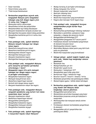 15
 Dasar menindas
 Pemerintahan yang zalim
 Tidak berperikemanusiaan
 Berdasarkan pengetahuan sejarah anda,
mengapakah Malaysia perlu mengadakan
hubungan yang baik dengan negara jiran
di rantau Asia Tenggara?
 Memajukan sektor pelancongan
 Menyediakan latihan dan penyelidikan
 Menyemarakkan lagi bidang kebudayaan
 Menjamin keselamatan daripada ancaman luar
 Meningkatkan kerjasama dalam bidang pendidikan
 Mengekalkan kestabilan politik di rantau Asia
Tenggara
 Pada pandangan anda, apakah kelebihan
Malaysia menjalin hubungan luar dengan
semua negara.
 Memelihara kesejahteraan rakyat
 Memelihara kestabilan politik negara
 Membangunkan ekonomi negara
 Meningkatkan kemajuan sosial
 Menjamin keselamatan negara
 Meningkatkan kemajuan perdagangan
 Pada pendapat anda, mengapakah Malaysia
perlu menyertai pertubuhan-pertubuhan
antarabangsa / dunia?
 Mengapakah negara kita perlu memupuk
hubungan luar dengan negara-negara
di peringkat antarabangsa?
 Mengekalkan kedaulatan negara
 Memupuk kesejahteraan dunia
 Memelihara kepentingan nasional
 Berbaik-baik dengan semua negara
 Menjamin keselamatan rakyat dan negara
 Pada pandangan anda, mengapakah Malaysia
mengambil pendekatan yang berhati-hati dalam
menentukan dasar luarnya?
 Menjamin keselamatan rakyat
 Memelihara kepentingan nasional
 Menggalakkan pembangunan
 Mengekalkan kedaulatan negara
 Menggalakkan kemajuan ekonomi
 Mengekalkan keamanan sejagat
 Pada pandangan anda, apakah kepentingan
k-masyarakat kepada rakyat Malaysia?
 Mampu bersaing di peringkat antarabangsa
 Mampu menguasai ilmu terkini
 Menjadi masyarakat yang kreatif
 Mencipta teknologi baru
 Menguasai bahasa asing
 Melahirkan masyarakat yang bermaklumat
 Negara akan mencapai taraf negara maju
 Pada pendapat anda, mengapakah kerajaan
memperkenalkan projek Koridor Raya
Multimedia.
 Memanfaatkan perkembangan teknologi maklumat
 Memulakan e-pendidikan, pemasaran tanpa
sempadan, e-dagang dan penyiaran digital
 Menggalakkan perkembangan ICT
 Menggalakkan penggunaan ICT secara positif
 Pelaksanaan ekonomi berlandaskan pengetahuan
(K-ekonomi) berjalan lancar
 Membangunkan ekonomi negara
 Meletakkan Malaysia dalam posisi yang lebih baik
pada era globalisasi
 Melahirkan masyarakat yang bermaklumat
 Sebagai pelajar, apakah langkah-langkah yang
perlu anda lakukan bagi menghadapi cabaran
globalisasi?
 Menambah ilmu
 Memperkukuhkan jati diri
 Menghindari gejala buruk
 Memajukan / mempelajari ICT
 Mengamalkan gaya hidup yang sihat
 Bermotivasi tinggi / kemahiran tinggi
 Bersifat inovatif / kreatif / dinamis / kritis
 Melakukan penyelidikan dan pembangunan (R&D)
 Mementingkan agama / akhlak dalam kehidupan
 Berdasarkan pengetahuan anda, apakah langkah
yang diambil oleh Malaysia dalam
menghadapi cabaran globalisasi.
 Menggalakkan penciptaan baru
 Menyediakan peruntukan kewangan yang besar
 Menyediakan prasarana untuk pertumbuhan k-
masyarakat
 Membangunkan dan menyusun semula sistem
pendidikan
 Perlaksanaan ekonomi berlandaskan pengetahuan
(k-ekonomi)
 Menggalakkan aktiviti penyelidikan dan
pembangunan (R&D)
 