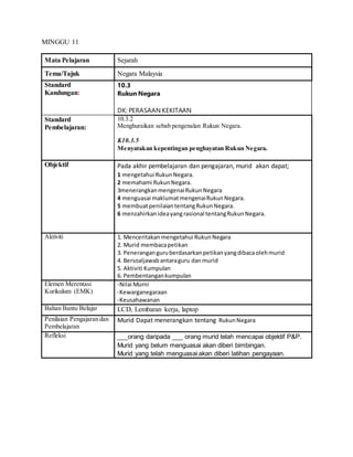MINGGU 11
Mata Pelajaran Sejarah
Tema/Tajuk Negara Malaysia
Standard
Kandungan:
10.3
Rukun Negara
DK: PERASAAN KEKITAAN
Standard
Pembelajaran:
10.3.2
Menghuraikan sebab pengenalan Rukun Negara.
K10.3.5
Menyatakan kepentingan penghayatan Rukun Negara.
Objektif Pada akhir pembelajaran dan pengajaran, murid akan dapat;
1 mengetahui RukunNegara.
2 memahami RukunNegara.
3menerangkanmengenaiRukunNegara
4 menguasai maklumatmengenaiRukunNegara.
5 membuatpenilaiantentangRukunNegara.
6 menzahirkanideayangrasional tentangRukunNegara.
Aktiviti 1. Menceritakan mengetahui RukunNegara
2. Murid membacapetikan
3. Peneranganguruberdasarkanpetikanyangdibacaolehmurid
4. Bersoaljawabantaraguru danmurid
5. Aktiviti Kumpulan
6. Pembentangankumpulan
Elemen Merentasi
Kurikulum (EMK)
-Nilai Murni
-Kewarganegaraan
-Keusahawanan
Bahan Bantu Belajar LCD, Lembaran kerja, laptop
Penilaian Pengajaran dan
Pembelajaran
Murid Dapat menerangkan tentang RukunNegara
Refleksi ___orang daripada ___ orang murid telah mencapai objektif P&P.
Murid yang belum menguasai akan diberi bimbingan.
Murid yang telah menguasai akan diberi latihan pengayaan.
 