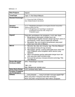 MINGGU 15
Mata Pelajaran Sejarah
Tema/Tajuk Tajuk 11: Kita Rakyat Malaysia
Standard Kandungan:
11.1 Kaum dan Etnik di Malaysia
DK: PERKONGSIAN SEJARAH
Standard
Pembelajaran:
11.1.2 Menjelaskan petempatan serta kegiatan ekonomi masyarakat
Malaysia dahulu dan kini.
K11.1.6 Menghubung kait kepentingan menghormati
Kepelbagaian kaum dan etnik sebagai asas
Perpaduan negara.
Objektif Pada akhir pembelajaran dan pengajaran, murid akan dapat;
i. Mengenalpasti petempatan mengikut kaum dan
menghubungkait kegiatan ekonomi dengan tiga kaum utama di
semenanjung, 4 etnik utama di Sabah dan Sarawak.
ii. Menyatakan tiga cara menghormati perbezaan yang wujud
antara kaum dan etnik di Malaysia.
Aktiviti 1. Menonton klip video dan menyanyi lagu ”Kita Satu Malaysia”.
2. Bersoaljawab tentang lirik lagu tersebut..
3. Menunjukkan gambar suasana petempatan kaum utama dan
etnik di Malaysia serta mengaitkan aktiviti ekonomi yang
dijalankan.
4. Murid memadankan gambar petempatan dengan kaum dan
etnik yang betul dalam lembaran kerja.
5. Rumusan dan penutup (menyanyi bersama-sama lagu ”Kita
Satu Malaysia”.
Elemen Merentasi
Kurikulum (EMK)
KPS : Perbandingan masa lalu
TMK: LCD
Nilai: Menghormati, bertolak ansur
Bahan Bantu Belajar LCD, Lembaran kerja, laptop
Penilaian Pengajaran
dan Pembelajaran
Refleksi ___orang daripada ___ orang murid telah mencapai objektif P&P.
Murid yang belum menguasai akan diberi bimbingan.
Murid yang telah menguasai akan diberi latihan pengayaan.
 