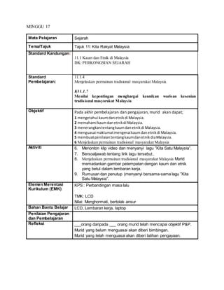 MINGGU 17
Mata Pelajaran Sejarah
Tema/Tajuk Tajuk 11: Kita Rakyat Malaysia
Standard Kandungan:
11.1 Kaum dan Etnik di Malaysia
DK: PERKONGSIAN SEJARAH
Standard
Pembelajaran:
11.1.4
Menjelaskan permainan tradisional masyarakat Malaysia.
K11.1.7
Menilai kepentingan menghargai keunikan warisan kesenian
tradisional masyarakat Malaysia
Objektif Pada akhir pembelajaran dan pengajaran, murid akan dapat;
1 mengetahui kaumdanetnikdi Malaysia.
2 memahami kaumdanetnikdi Malaysia.
3 menerangkantentangkaumdanetnikdi Malaysia.
4 menguasai maklumatmengenaikaumdanetnikdi Malaysia.
5 membuatpenilaiantentangkaumdanetnikdiaMalaysia.
6 Menjelaskan permainan tradisional masyarakat Malaysia
Aktiviti 6. Menonton klip video dan menyanyi lagu ”Kita Satu Malaysia”.
7. Bersoaljawab tentang lirik lagu tersebut..
8. Menjelaskan permainan tradisional masyarakat Malaysia Murid
memadankan gambar petempatan dengan kaum dan etnik
yang betul dalam lembaran kerja.
9. Rumusan dan penutup (menyanyi bersama-sama lagu ”Kita
Satu Malaysia”.
Elemen Merentasi
Kurikulum (EMK)
KPS : Perbandingan masa lalu
TMK: LCD
Nilai: Menghormati, bertolak ansur
Bahan Bantu Belajar LCD, Lembaran kerja, laptop
Penilaian Pengajaran
dan Pembelajaran
Refleksi ___orang daripada ___ orang murid telah mencapai objektif P&P.
Murid yang belum menguasai akan diberi bimbingan.
Murid yang telah menguasai akan diberi latihan pengayaan.
 
