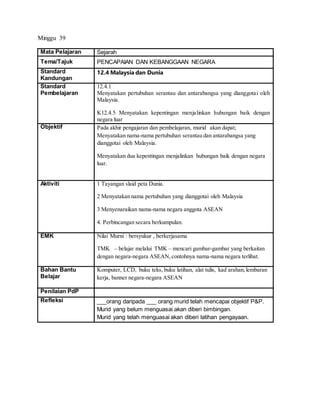 Minggu 39
Mata Pelajaran Sejarah
Tema/Tajuk PENCAPAIAN DAN KEBANGGAAN NEGARA
Standard
Kandungan
12.4 Malaysia dan Dunia
Standard
Pembelajaran
12.4.1
Menyatakan pertubuhan serantau dan antarabangsa yang dianggotai oleh
Malaysia.
K12.4.5 Menyatakan kepentingan menjalinkan hubungan baik dengan
negara luar
Objektif Pada akhir pengajaran dan pembelajaran, murid akan dapat;
Menyatakan nama-nama pertubuhan serantau dan antarabangsa yang
dianggotai oleh Malaysia.
Menyatakan dua kepentingan menjalinkan hubungan baik dengan negara
luar.
Aktiviti 1 Tayangan slaid peta Dunia.
2 Menyatakan nama pertubuhan yang dianggotai oleh Malaysia
3 Menyenaraikan nama-nama negara anggota ASEAN
4. Perbincangan secara berkumpulan.
EMK Nilai Murni : bersyukur , berkerjasama
TMK – belajar melalui TMK – mencari gambar-gambar yang berkaitan
dengan negara-negara ASEAN,contohnya nama-nama negara terlibat.
Bahan Bantu
Belajar
Komputer, LCD, buku teks, buku latihan, alat tulis, kad arahan,lembaran
kerja, banner negara-negara ASEAN
Penilaian PdP
Refleksi ___orang daripada ___ orang murid telah mencapai objektif P&P.
Murid yang belum menguasai akan diberi bimbingan.
Murid yang telah menguasai akan diberi latihan pengayaan.
 