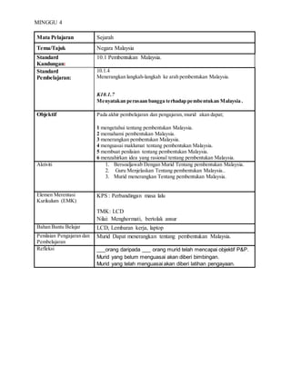 MINGGU 4
Mata Pelajaran Sejarah
Tema/Tajuk Negara Malaysia
Standard
Kandungan:
10.1 Pembentukan Malaysia.
Standard
Pembelajaran:
10.1.4
Menerangkan langkah-langkah ke arah pembentukan Malaysia.
K10.1.7
Menyatakan perasaan bangga terhadap pembentukan Malaysia .
Objektif Pada akhir pembelajaran dan pengajaran, murid akan dapat;
1 mengetahui tentang pembentukan Malaysia.
2 memahami pembentukan Malaysia.
3 menerangkan pembentukan Malaysia.
4 menguasai maklumat tentang pembentukan Malaysia.
5 membuat penilaian tentang pembentukan Malaysia.
6 menzahirkan idea yang rasional tentang pembentukan Malaysia.
Aktiviti 1. Bersoaljawab Dengan Murid Tentang pembentukan Malaysia.
2. Guru Menjelaskan Tentang pembentukan Malaysia..
3. Murid menerangkan Tentang pembentukan Malaysia.
Elemen Merentasi
Kurikulum (EMK)
KPS : Perbandingan masa lalu
TMK: LCD
Nilai: Menghormati, bertolak ansur
Bahan Bantu Belajar LCD, Lembaran kerja, laptop
Penilaian Pengajaran dan
Pembelajaran
Murid Dapat menerangkan tentang pembentukan Malaysia.
Refleksi ___orang daripada ___ orang murid telah mencapai objektif P&P.
Murid yang belum menguasai akan diberi bimbingan.
Murid yang telah menguasai akan diberi latihan pengayaan.
 