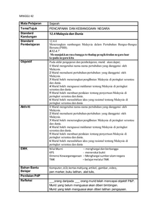 MINGGU 42
Mata Pelajaran Sejarah
Tema/Tajuk PENCAPAIAN DAN KEBANGGAAN NEGARA
Standard
Kandungan
12.4 Malaysia dan Dunia
Standard
Pembelajaran
12.4.4
Menerangkan sumbangan Malaysia dalam Pertubuhan Bangsa-Bangsa
Bersatu (PBB).
K12.4.7
Menunjukkan rasa bangga terhadap pengiktirafan negara luar
kepada negara kita.
Objektif Pada akhir pengajaran dan pembelajaran, murid akan dapat;
1 Murid mengetahui nama-nama pertubuhan yang dianggotai oleh
Malaysia.
2 Murid memahami pertubuhan-pertubuhan yang dianggotai oleh
Malaysia.
3 Murid boleh menerangkan penglibatan Malaysia di peringkat serantau
dan dunia.
4 Murid boleh menguasai maklumat tentang Malaysia di peringkat
serantau dan dunia.
5 Murid boleh membuat penilaian tentang penyertaan Malaysia di
peringkat serantau dan dunia.
6 Murid boleh menzahirkan idea yang rasional tentang Malaysia di
peringkat serantau dan dunia
Aktiviti 1 Murid mengetahui nama-nama pertubuhan yang dianggotai oleh
Malaysia.
2 Murid memahami pertubuhan-pertubuhan yang dianggotai oleh
Malaysia.
3 Murid boleh menerangkan penglibatan Malaysia di peringkat serantau
dan dunia.
4 Murid boleh menguasai maklumat tentang Malaysia di peringkat
serantau dan dunia.
5 Murid boleh membuat penilaian tentang penyertaan Malaysia di
peringkat serantau dan dunia.
6 Murid boleh menzahirkan idea yang rasional tentang Malaysia di
peringkat serantau dan dunia
EMK Nilai Murni – menghargai danberbangga
KPS - menerokai bukti
Dimensi Kewarganegaraan – Menghargai sumberalamnegara
TMK – belajarmelalui TMK
Bahan Bantu
Belajar
Komputer,LCD,kertasmahjung,artikel, gambar,video,
pen marker, buku latihan, alat tulis,
Penilaian PdP
Refleksi ___orang daripada ___ orang murid telah mencapai objektif P&P.
Murid yang belum menguasai akan diberi bimbingan.
Murid yang telah menguasai akan diberi latihan pengayaan.
 