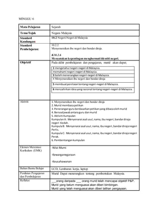 MINGGU 6
Mata Pelajaran Sejarah
Tema/Tajuk Negara Malaysia
Standard
Kandungan:
10.2 Negeri-Negeridi Malaysia
Standard
Pembelajaran:
10.2.2
Menyenaraikan ibu negeri dan bandar diraja.
K10.2.6
Menyatakan kepentingan menghormati identiti negeri.
Objektif Pada akhir pembelajaran dan pengajaran, murid akan dapat;
1 mengetahui negeri-negeri di Malaysia.
memahami negeri-negeri di Malaysia.
3 bolehmenerangkannegeri-negeri di Malaysia.
4 Menyenaraikan ibu negeri dan bandar diraja
5 membuatpenilaiantentangnegeri-negeri di Malaysia.
6 menzahirkanideayangrasional tentangnegeri-negeri di Malaysia.
Aktiviti 1. Menyenaraikan ibu negeri dan bandar diraja
2. Murid membacapetikan
3. Peneranganguruberdasarkanpetikanyang dibacaolehmurid
4. Bersoaljawabantaraguru danmurid
5. Aktiviti Kumpulan
KumpulanA: Menyenarai asal usul,nama,ibunegeri,bandardiraja
negeri Kedah.
KumpulaB: Menyenarai asal usuI,nama,ibunegeri,bandardirajanegeri
Perlis.
KumpulaC: Menyenarai asal usuI,nama,ibunegeri,bandardirajanegeri
Perak.
6. Pembentangankumpulan
Elemen Merentasi
Kurikulum (EMK)
-Nilai Murni
-Kewarganegaraan
-Keusahawanan
Bahan Bantu Belajar LCD, Lembaran kerja, laptop
Penilaian Pengajaran
dan Pembelajaran
Murid Dapat menerangkan tentang pembentukan Malaysia.
Refleksi ___orang daripada ___ orang murid telah mencapai objektif P&P.
Murid yang belum menguasai akan diberi bimbingan.
Murid yang telah menguasai akan diberi latihan pengayaan.
 