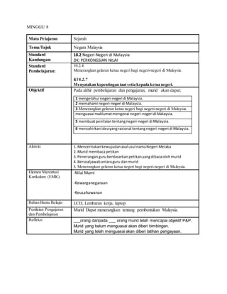MINGGU 8
Mata Pelajaran Sejarah
Tema/Tajuk Negara Malaysia
Standard
Kandungan:
10.2 Negeri-Negeri di Malaysia
DK: PERKONGSIAN NILAI
Standard
Pembelajaran:
10.2.4
Menerangkan gelaran ketua negeri bagi negeri-negeri di Malaysia.
K10.2.7
Menyatakan kepentingan taat setia kepada ketua negeri.
Objektif Pada akhir pembelajaran dan pengajaran, murid akan dapat;
1 mengetahui negeri-negeri di Malaysia.
2 memahami negeri-negeri di Malaysia.
3 Menerangkan gelaran ketua negeri bagi negeri-negeri di Malaysia.
menguasai maklumatmengenai negeri-negeri di Malaysia.
5 membuatpenilaiantentangnegeri-negeri di Malaysia.
6 menzahirkanideayangrasional tentangnegeri-negeri di Malaysia.
Aktiviti 1. Menceritakankewujudanasal usul namaNegeri Melaka
2. Murid membacapetikan
3. Peneranganguruberdasarkan petikanyangdibacaolehmurid
4. Bersoaljawabantaraguru danmurid
5. Menerangkan gelaran ketua negeri bagi negeri-negeri di Malaysia.
Elemen Merentasi
Kurikulum (EMK)
-Nilai Murni
-Kewarganegaraan
-Keusahawanan
Bahan Bantu Belajar LCD, Lembaran kerja, laptop
Penilaian Pengajaran
dan Pembelajaran
Murid Dapat menerangkan tentang pembentukan Malaysia.
Refleksi ___orang daripada ___ orang murid telah mencapai objektif P&P.
Murid yang belum menguasai akan diberi bimbingan.
Murid yang telah menguasai akan diberi latihan pengayaan.
 