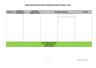 RANCANGAN PELAJARAN TAHUNAN SEJARAH TAHUN 6 2016
MINGGU
STANDARD
KANDUNGAN
STANDARD
PEMBELAJARAN
STANDARD PRESTASI CATATAN
CUTI TAHUN BARU CINA
8 – 9 FEBRUARI 2016
(ISNIN-SELASA)
By Cg Lela :D
5
 