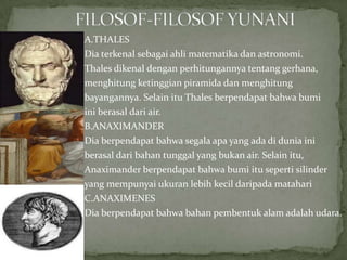 A.THALES
Dia terkenal sebagai ahli matematika dan astronomi.
Thales dikenal dengan perhitungannya tentang gerhana,
menghitung ketinggian piramida dan menghitung
bayangannya. Selain itu Thales berpendapat bahwa bumi
ini berasal dari air.
B.ANAXIMANDER
Dia berpendapat bahwa segala apa yang ada di dunia ini
berasal dari bahan tunggal yang bukan air. Selain itu,
Anaximander berpendapat bahwa bumi itu seperti silinder
yang mempunyai ukuran lebih kecil daripada matahari
C.ANAXIMENES
Dia berpendapat bahwa bahan pembentuk alam adalah udara.

 