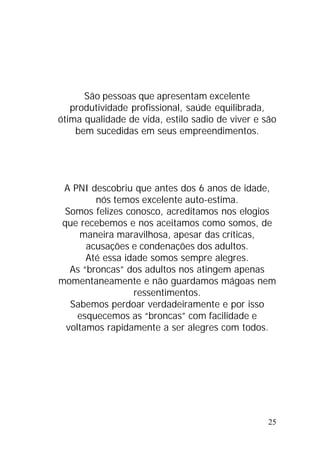 25
São pessoas que apresentam excelente
produtividade profissional, saúde equilibrada,
ótima qualidade de vida, estilo sadio de viver e são
bem sucedidas em seus empreendimentos.
A PNI descobriu que antes dos 6 anos de idade,
nós temos excelente auto-estima.
Somos felizes conosco, acreditamos nos elogios
que recebemos e nos aceitamos como somos, de
maneira maravilhosa, apesar das críticas,
acusações e condenações dos adultos.
Até essa idade somos sempre alegres.
As “broncas” dos adultos nos atingem apenas
momentaneamente e não guardamos mágoas nem
ressentimentos.
Sabemos perdoar verdadeiramente e por isso
esquecemos as “broncas” com facilidade e
voltamos rapidamente a ser alegres com todos.
 