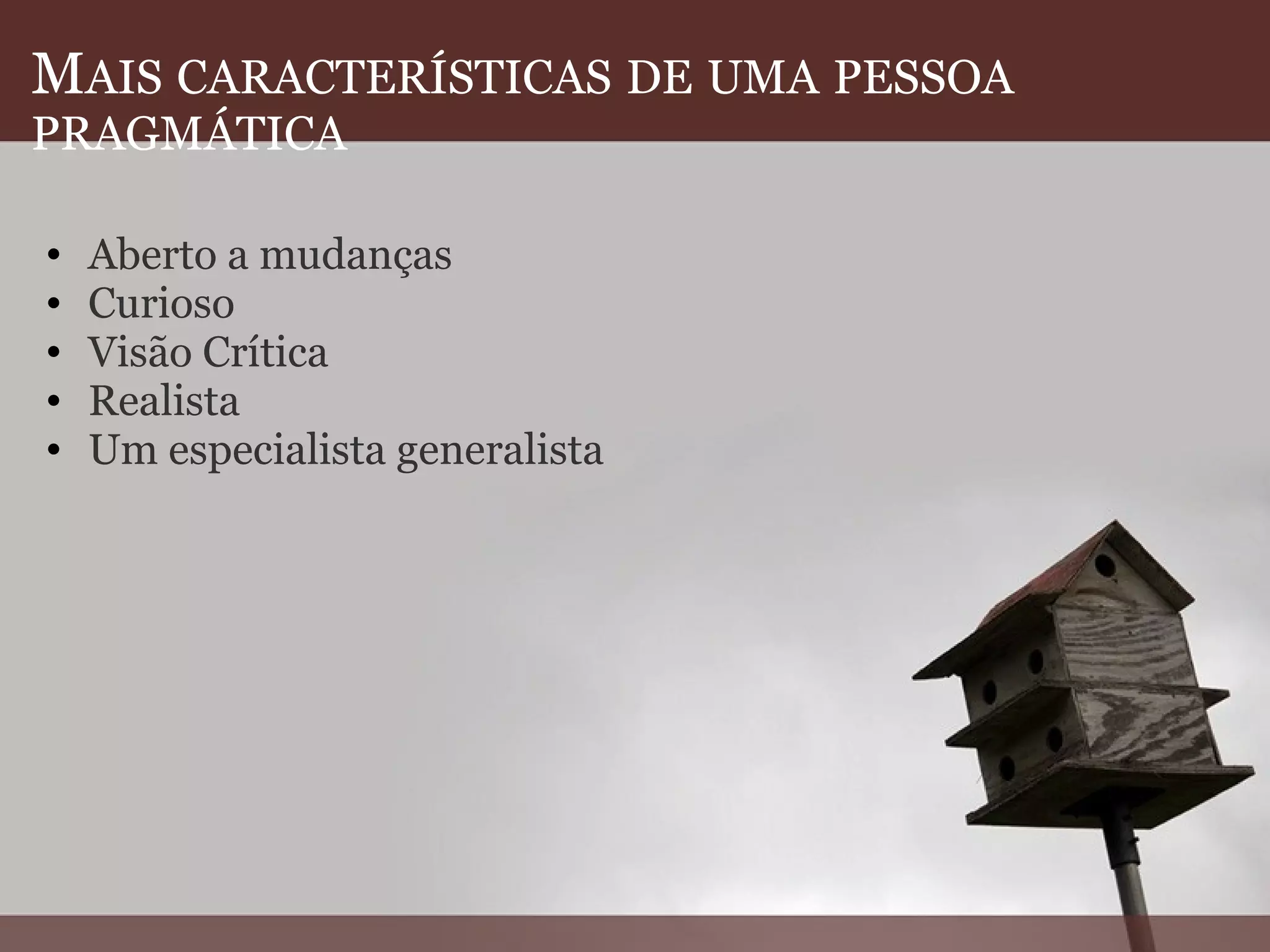 M AIS   CARACTERÍSTICAS   DE   UMA   PESSOA   PRAGMÁTICA Aberto a mudanças Curioso Visão Crítica  Realista Um especialista generalista    