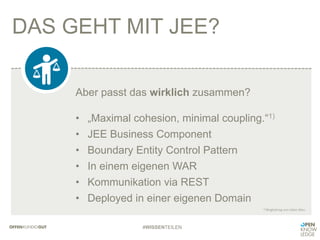 DAS GEHT MIT JEE?
#WISSENTEILEN
Aber passt das wirklich zusammen?
•  „Maximal cohesion, minimal coupling.“1)
•  JEE Business Component
•  Boundary Entity Control Pattern
•  In einem eigenen WAR
•  Kommunikation via REST
•  Deployed in einer eigenen Domain
1)	
  Blogbeitrag	
  von	
  Adam	
  Bien	
  
 