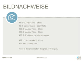 #1: © Andrew Rich – iStock
#5: © Daniel Steger – openPhoto
#38: © Andrew Rich – iStock
#69: © Andrew Rich – iStock
#85: © Peshkova - shutterstock.com
#27: commons.wikimedia.org
#26, #78: pixabay.com
Icons in this presentation designed by “Freepik”,
BILDNACHWEISE
#WISSENTEILEN
 