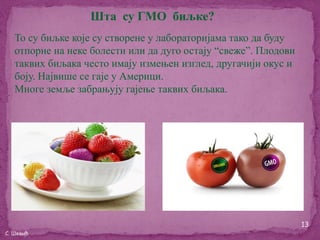 Шта су ГМО биљке?
   То су биљке које су створене у лабораторијама тако да буду
   отпорне на неке болести или да дуго остају “свеже”. Плодови
   таквих биљака често имају измењен изглед, другачији окус и
   боју. Највише се гаје у Америци.
   Многе земље забрањују гајење таквих биљака.




                                                                 13
С. Шевић
 