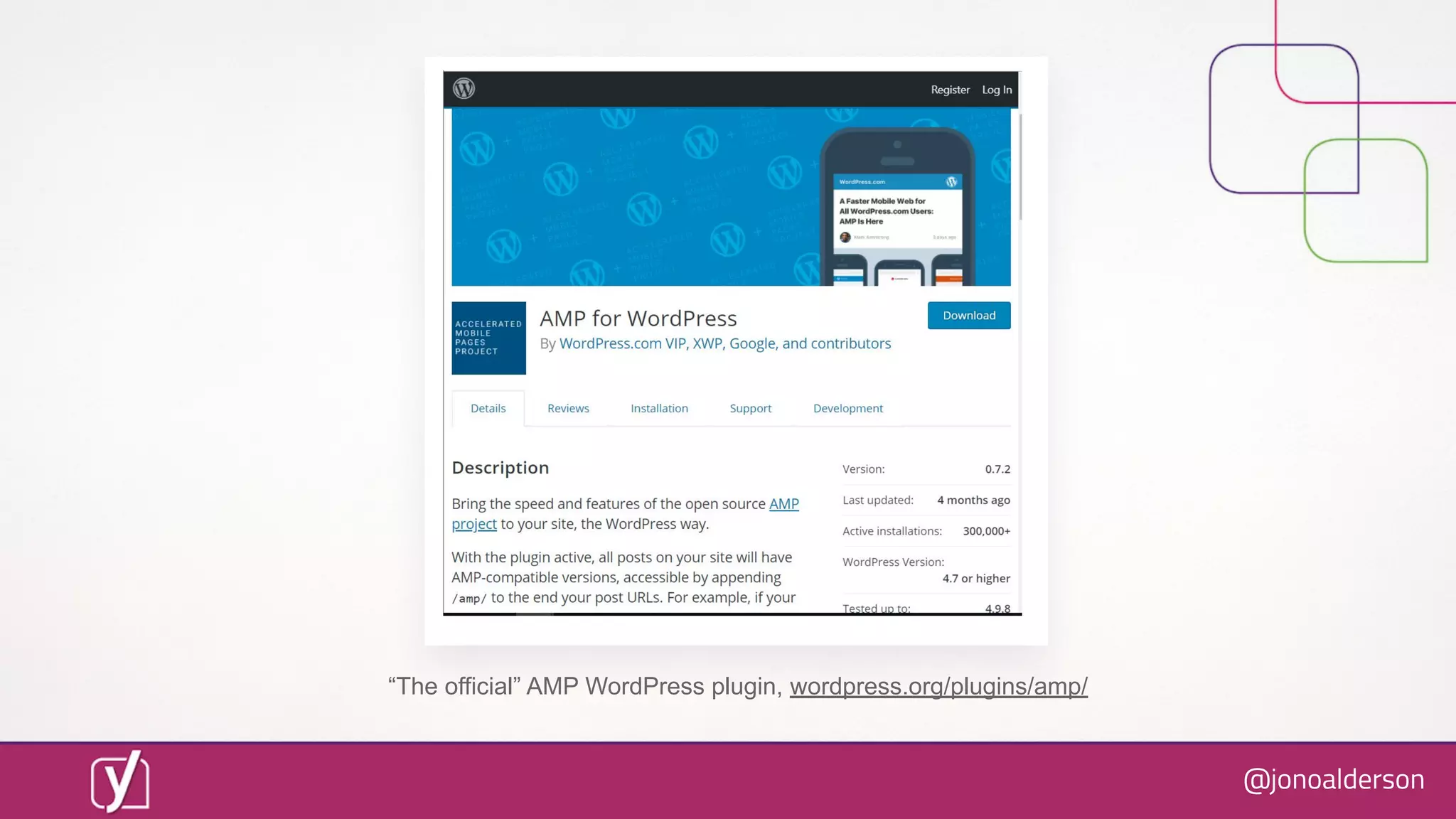 @jonoalderson
“The official” AMP WordPress plugin, wordpress.org/plugins/amp/
 