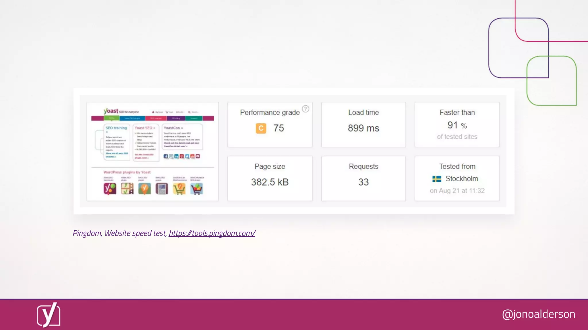 @jonoalderson
Pingdom, Website speed test, https://tools.pingdom.com/
 