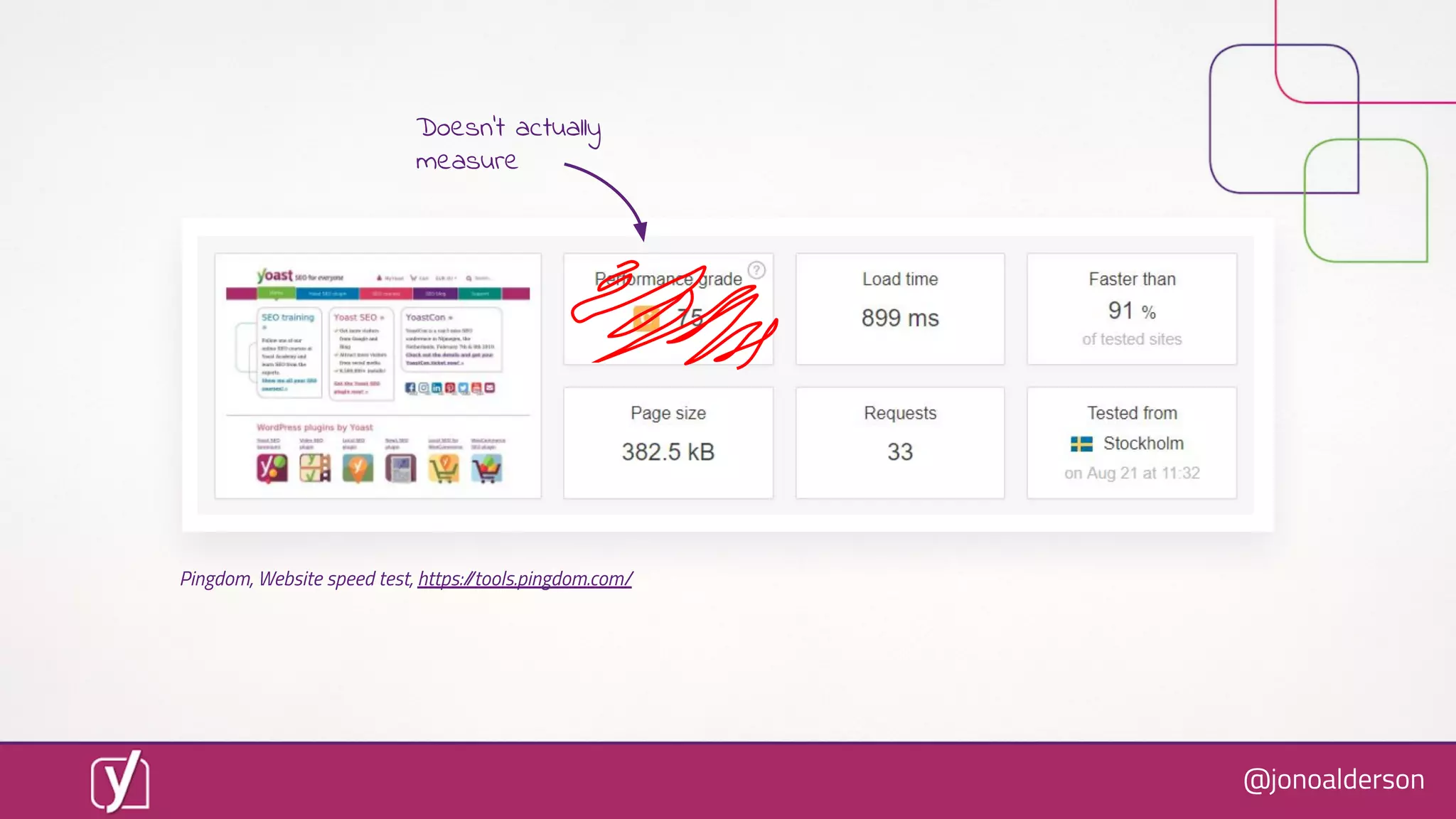 @jonoalderson
Pingdom, Website speed test, https://tools.pingdom.com/
Doesn’t actually
measure
 