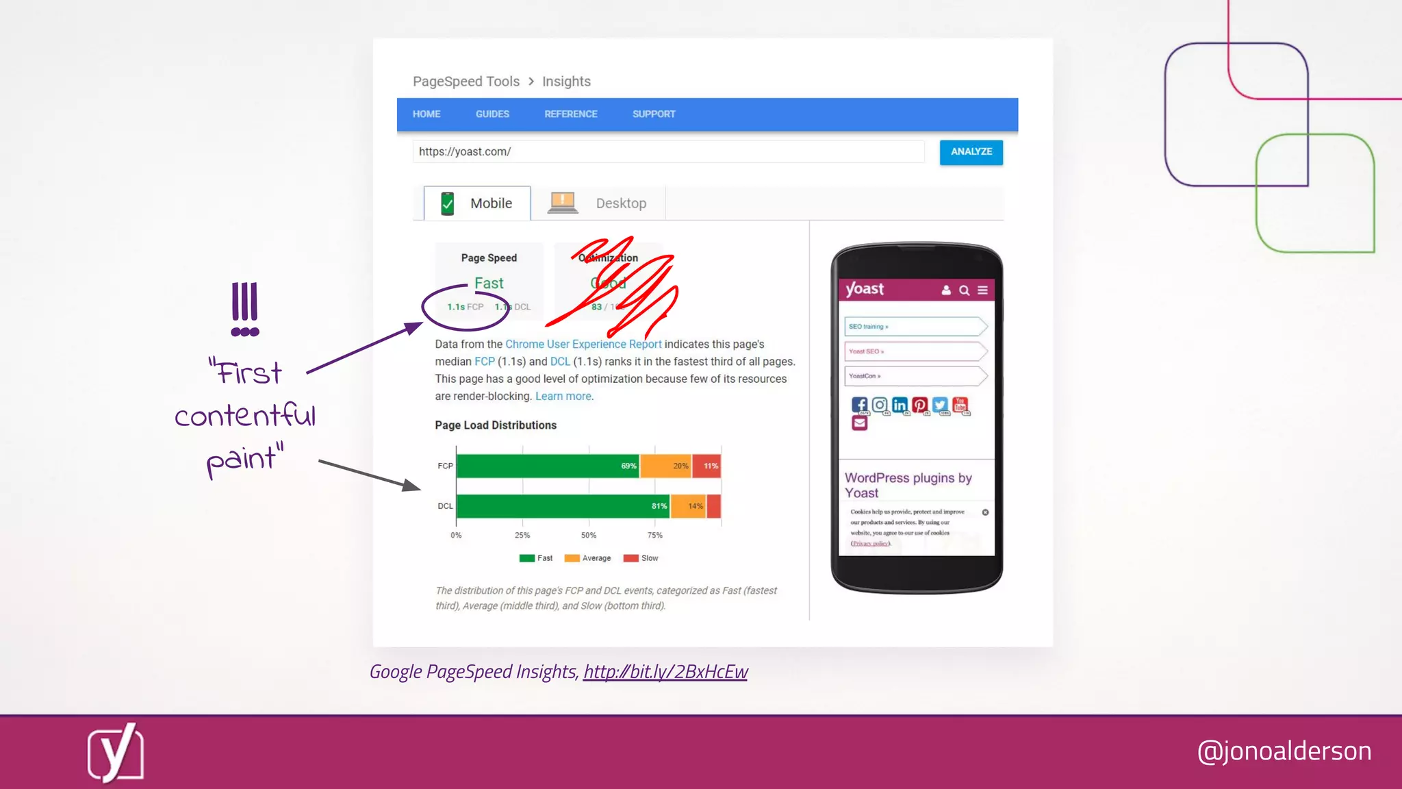 @jonoalderson
!!!
“First
contentful
paint”
Google PageSpeed Insights, http://bit.ly/2BxHcEw
 