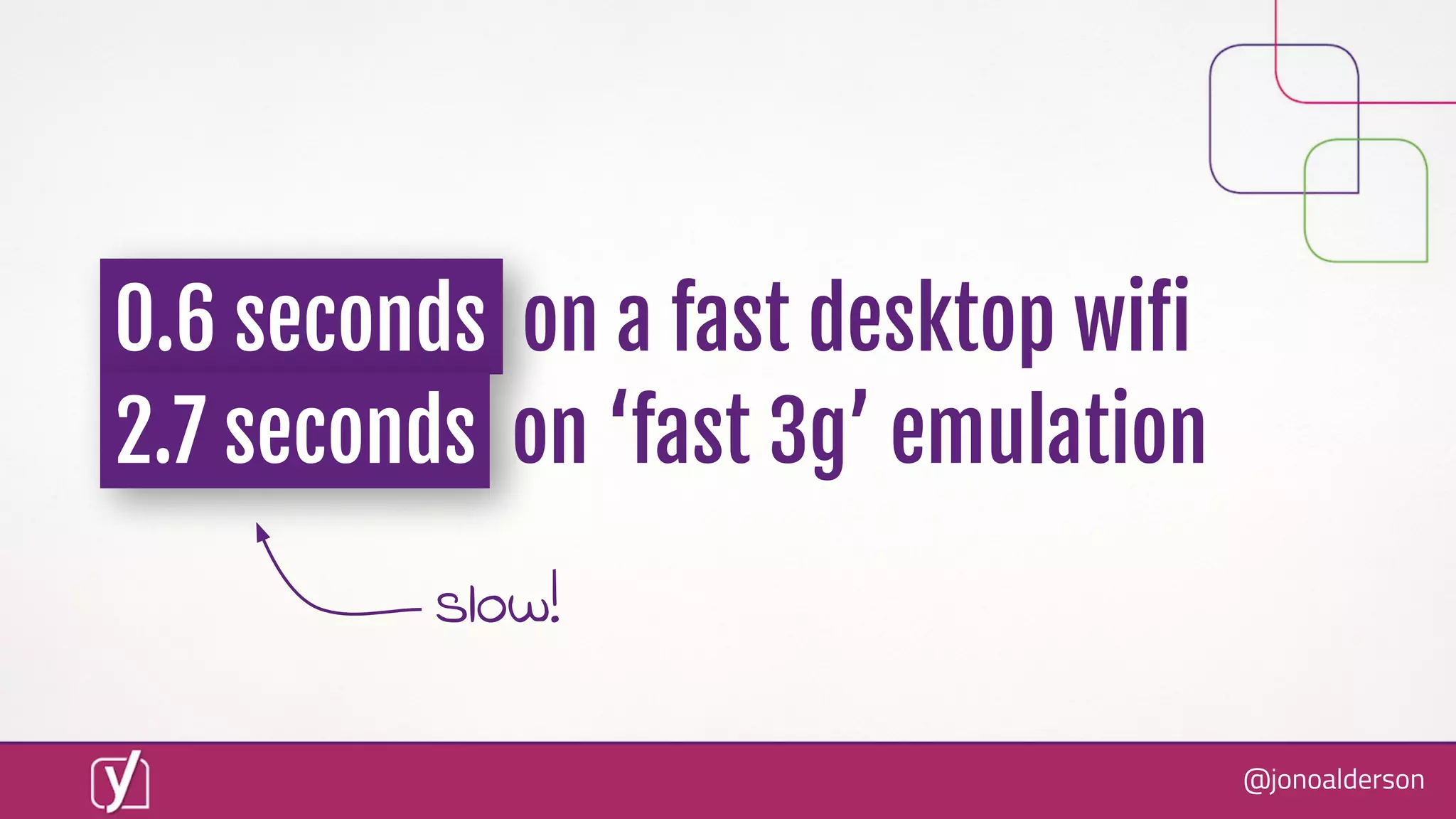 @jonoalderson
0.6 seconds on a fast desktop wiﬁ
2.7 seconds on ‘fast 3g’ emulation
slow!
 