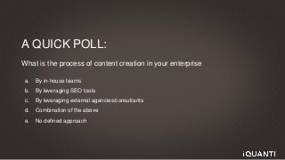 This document and the information in it are provided in confidence, and may not be disclosed to any third party.
A QUICK POLL:
What is the process of content creation in your enterprise
a. By in-house teams
b. By leveraging SEO tools
c. By leveraging external agencies/consultants
d. Combination of the above
e. No defined approach
 
