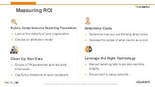 This document and the information in it are provided in confidence, and may not be disclosed to any third party.
Measuring ROI
Build a Comprehensive Reporting Foundation
● Look at the maturity of your organization
● Choose an attribution model
Determine Costs
● Determine how you are thinking about costs
● Increase the scope of what counts as a cost
Clean Up Your Data
● Ensure UTM parameters give accurate
information
● Clarify the timeframe of each touchpoint
Leverage the Right Technology
● Manual reporting fails to provide real-time
insights
● Ensure tech is setup correctly
 