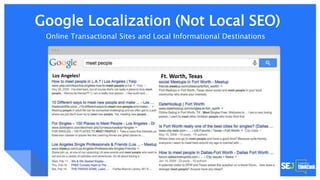Google Knowledge Graph + SnippetsGoogle Localization (Not Local SEO)
Online Transactional Sites and Local Informational Destinations
Los Angeles! Ft. Worth, Texas
 