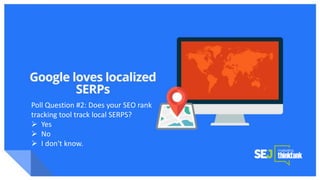 Google Knowledge Graph + Snippets
Poll Question #2: Does your SEO rank
tracking tool track local SERPS?
 Yes
 No
 I don't know.
 