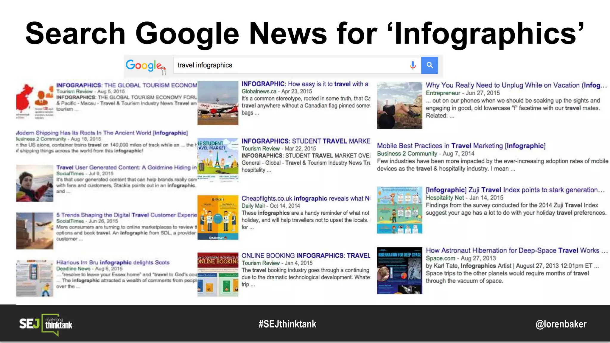 @lorenbaker
Search Google News for ‘Infographics’
#SEJthinktank
 