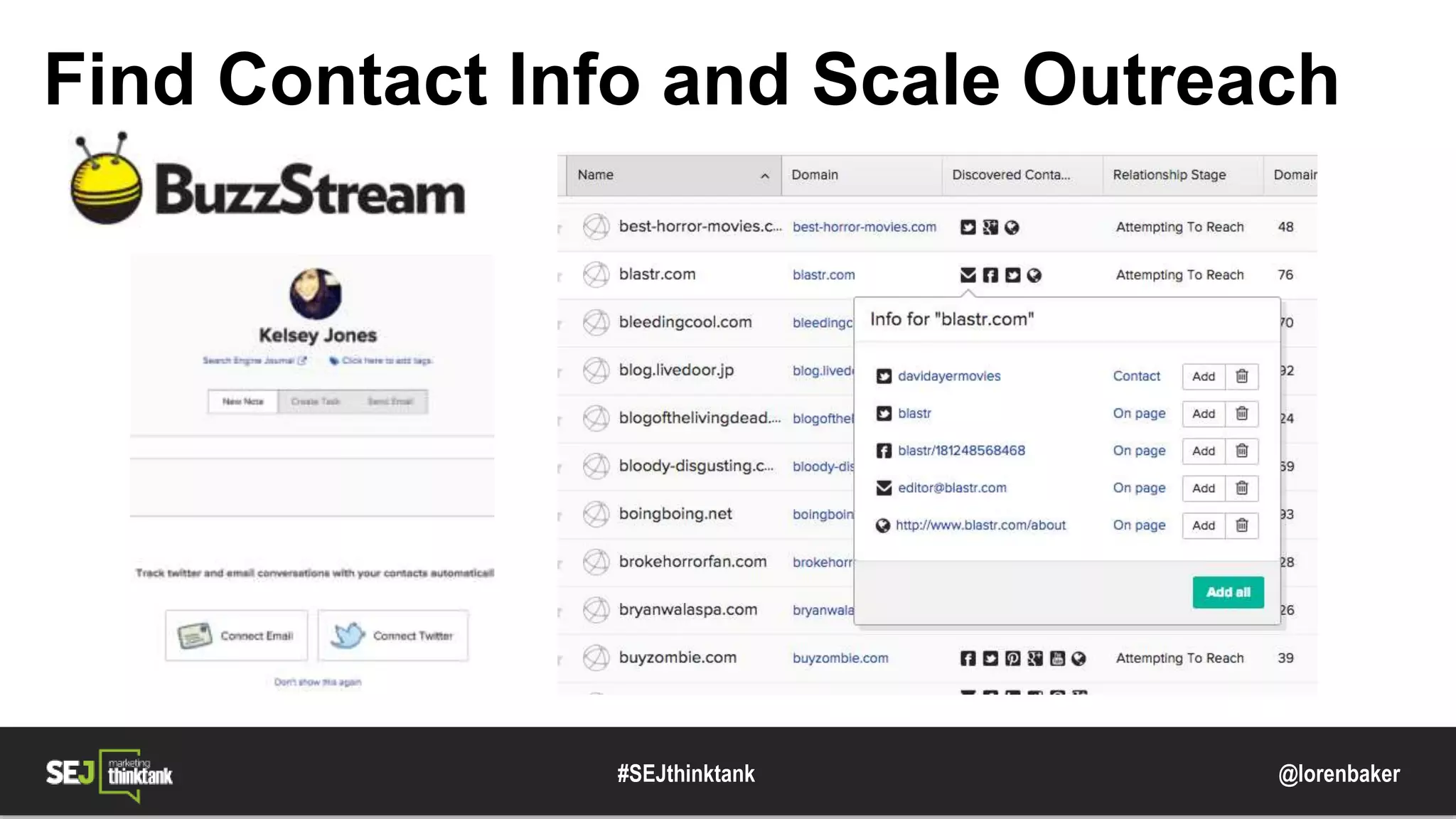 @lorenbaker
Find Contact Info and Scale Outreach
#SEJthinktank
 