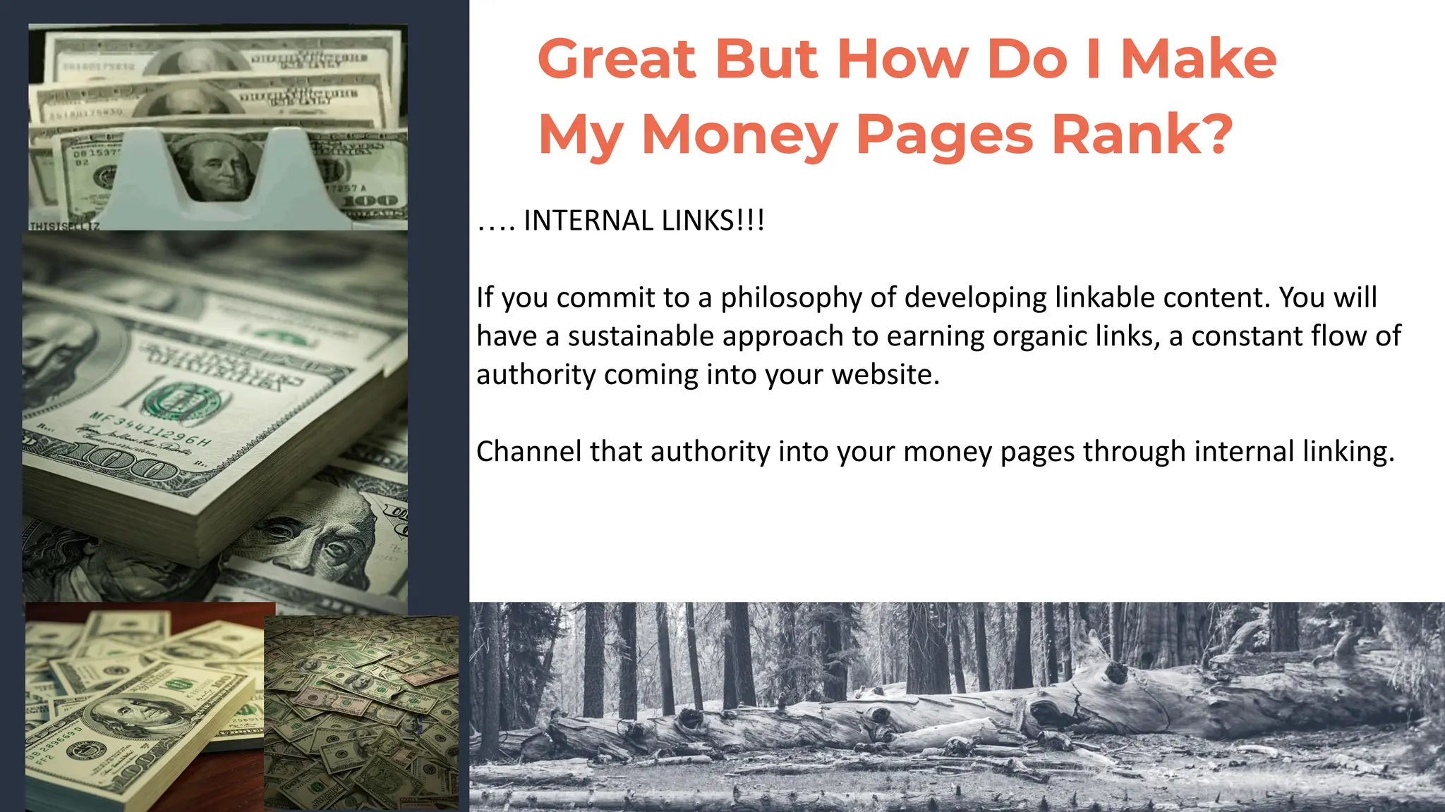 Great But How Do I Make
My Money Pages Rank?
…. INTERNAL LINKS!!!
If you commit to a philosophy of developing linkable content. You will
have a sustainable approach to earning organic links, a constant flow of
authority coming into your website.
Channel that authority into your money pages through internal linking.
 