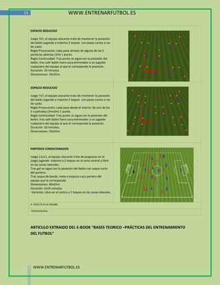 13                                WWW.ENTRENARFUTBOL.ES


     ESPACIO REDUCIDO

     Juego 7x7, el equipo atacante trata de mantener la posesión
     del balón jugando a máximo 2 toques con pases cortos a ras
     de suelo.
     Regla Provocación: cada pase atraves de alguna de las 5
     porterías abiertas (3m) 1 punto.
     Regla Continuidad: Tras punto se sigue con la posesión del
     balón, tras salir balón fuera saca entrenador a un jugador
     cualquiera del equipo al que le corresponde la posesión.
     Duración: 10 minutos.
     Dimensiones: 35x35m.



     ESPACIO REDUCIDO

     Juego 7x7, el equipo atacante trata de mantener la posesión
     del balón jugando a máximo 2 toques con pases cortos a ras
     de suelo.
     Regla Provocación: cada pase desde el interior de uno de los
     5 cuadrados (3mx3m) 1 punto.
     Regla Continuidad: Tras punto se sigue con la posesión del
     balón, tras salir balón fuera saca entrenador a un jugador
     cualquiera del equipo al que le corresponde la posesión.
     Duración: 10 minutos.
     Dimensiones: 35x35m.




     PARTIDOS CONDICIONADOS

     Juego 11x11, el equipo atacante trata de progresar en el
     juego jugando máximo a 2 toques en la zona central y libre
     en las zonas laterales.
     Tras gol se sigue con la posesión del balón con saque corto
     del portero.
     Tras saque de banda, meta o esquina saca portero del
     equipo que le corresponde.
     Dimensiones: 80x65m.
     Duración: 2x10 minutos.
     -Variante: Libre en el centro a 2 toques en las zonas laterales.


     4. VUELTA A LA CALMA.

     -Estiramientos.




     ARTICULO EXTRAIDO DEL E-BOOK “BASES TEORICO –PRÁCTICAS DEL ENTRENAMIENTO
     DEL FUTBOL”




       WWW.ENTRENARFUTBOL.ES
 
