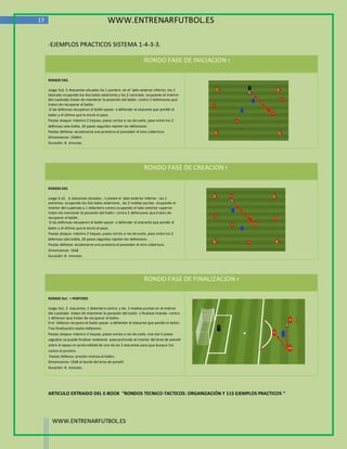 17                                        WWW.ENTRENARFUTBOL.ES

     -EJEMPLOS PRACTICOS SISTEMA 1-4-3-3.

                                                                 RONDO FASE DE INICIACION 1

     RONDO 5X2.

     Juego 5x2, 5 Atacantes situados los 1 portero en el lado exterior inferior, los 2
     laterales ocupando los dos lados exteriores y los 2 centrales ocupando el interior
     del cuadrado tratan de mantener la posesión del balón contra 2 defensores que
     tratan de recuperar el balón.
      Si las defensas recuperan el balón pasan a defender el atacante que perdió el
     balón y el último que le envió el pase.
     Pautas ataque: máximo 2 toques, pases cortos a ras de suelo, pase entre los 2
     defensas vale doble, 20 pases seguidos repiten los defensivos
     Pautas defensa: escalonarse uno presiona al poseedor el otro cobertura.
     Dimensiones: 10x8m.
     Duración: 8 minutos.




                                                                 RONDO FASE DE CREACION 1

     RONDO 6X2

     Juego 6 x2, 6 atacantes situados ; 1 pivote el lado exterior inferior , los 2
     extremos ocupando los dos lados exteriores , las 2 medias puntas ocupando el
     interior del cuadrado y 1 delantero centro ocupando el lado exterior superior
     tratan de mantener la posesión del balón contra 2 defensores que tratan de
     recuperar el balón .
      Si las defensas recuperan el balón pasan a defender el atacante que perdió el
     balón y el último que le envió el pase.
     Pautas ataque: máximo 2 toques, pases cortos a ras de suelo, pase entre los 2
     defensas vale doble, 20 pases seguidos repiten los defensivos
     Pautas defensa: escalonarse uno presiona al poseedor el otro cobertura.
     Dimensiones: 10x8
     Duración: 8 minutos.




                                                                 RONDO FASE DE FINALIZACION 1

     RONDO 3x1 + PORTERO

     Juego 3x1, 3 atacantes; 1 delantero centro y las 2 medias puntas en el interior
     del cuadrado tratan de mantener la posesión del balón y finalizar tirando contra
     1 defensor que tratan de recuperar el balón.
     Si el defensa recupera el balón pasan a defender el atacante que perdió el balón.
     Tras finalización repite defensivo.
     Pautas ataque: máximo 2 toques, pases cortos a ras de suelo, tras dar 5 pases
     seguidos se puede finalizar mediante pase profundo al interior del área de penalti
     sobre el apoyo en profundidad de uno de los 3 atacantes para que busque 1x1
     contra el portero.
      Pautas defensa: presión intensa al balón.
     Dimensiones: 10x8 al borde del área de penalti
     Duración: 8 minutos.




     ARTICULO EXTRAIDO DEL E-BOOK “RONDOS TECNICO-TACTICOS: ORGANIZACIÓN Y 115 EJEMPLOS PRACTICOS “




       WWW.ENTRENARFUTBOL.ES
 